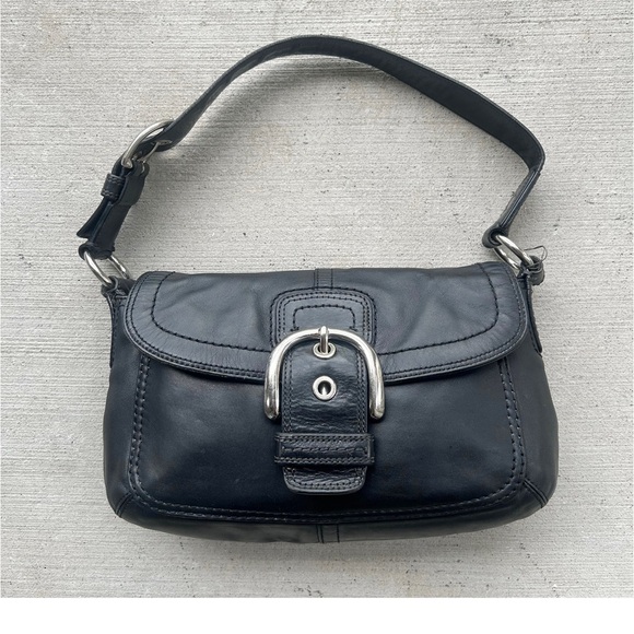 Vintage Coach Black Leather Shoulder Bag with Silver Buckle